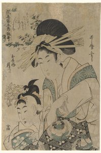 Tanabata: Kurtisaani Tsukioka Tamaya-talosta Tanabata: Tamaya uchi Tsukioka (otsikko esineessä) Runoja kukkapaperille viidelle vuodenajalle (sarjan nimi) Hana no irogami gosetsu yomiuta (sarjan nimi esineessä) tekijältä Utamaro (II) , Kitagawa (attributed to)