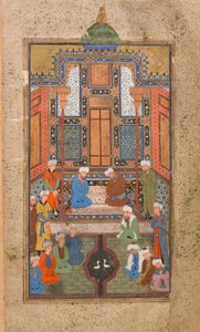 Palatsikohtaus Tuhfat al-Ahrarissa (lahja vapaalle) Bukhara, Uzbekistan, Uzbekistanin aika, n. 1540 (läpinäkymätön akvarelli, mustetta ja kultaa paperilla)