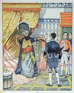 Algerian Dey, Hussein ibn El Hussein iskee Ranskan suurlähettiläs M. Devalia tuulettimella, 27. huhtikuuta 1827, koulun oppikirjan kansi, 1891