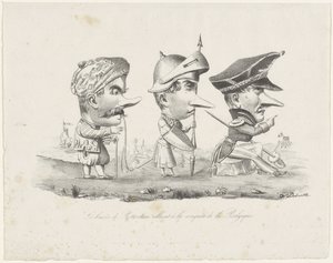 Sarjakuva Rotterdamin miliisistä, 1830 Les braves de Rotterdam allant à la conquête de la Belgique (otsikko esineessä) tekijältä V. Dubrulle