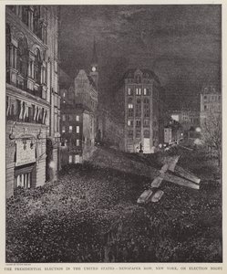 Newspaper Row, New York City, Yhdysvaltain presidentinvaalien yönä, 8. marraskuuta 1892 (litho) tekijältä V. Perard