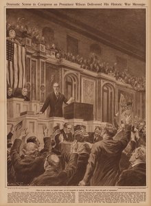 Yhdysvaltain presidentti Woodrow Wilson pyytää kongressia julistamaan sodan Saksalle. tekijältä V. Perard