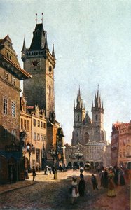 Näkymä Staromestsky Rynkistä, jossa on kaupungintalo ja Neitsyt Marian kirkko ennen Tyniä, Stara Praha (Vanha Praha), n. 1900 (värilitro).