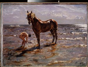 Hevosen kylpy. (Nuori alaston mies roiskuu hevosta, kaksi muuta hahmoa juoksee merelle). Valentin Aleksandrovich Serovin (1865-1911) maalaus öljy kankaalle