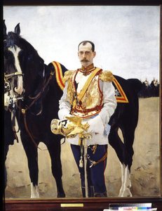 Venäjän suurruhtinas Paul Aleksandrovitšin (1860-1919) muotokuva. (Venäjän suurruhtinas Paul Aleksandrovitšin muotokuva). Venäjän keisarillisen armeijan ratsuväen upseerin univormussa hevosensa lähellä. Valentin Aleksandrovich Serovin maalaus ( tekijältä Valentin Aleksandrovich Serov