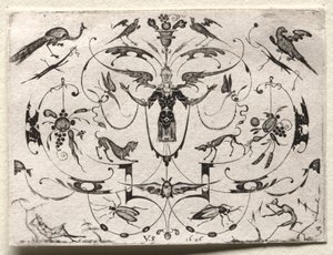 Arabesque riikinkukon, papukaijan, koirien ja hyönteisten kanssa, 1626. tekijältä Valentin Sezenius