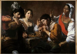 Tapaaminen kabareessa Valentin de Boulognen (1591-1632) maalaus 1600-luvun su. 0,96x1,33 m tekijältä Valentin de Boulogne