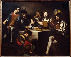 Matala helpotuskonsertti. Muusikot kokoontuivat veistetyn alttarin ympärille. Valentin de Boulognen (1591-1632) maalaus. Himmeä. 1,73 x 2,14 m.