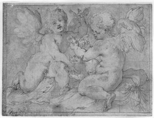 Dos putti jugant amb un gat i dos ocells finlandesos