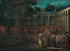 Suurlähettiläsvaltuuskunta, joka kulkee Topkapın palatsin toisen pihan läpi, 1720-luku