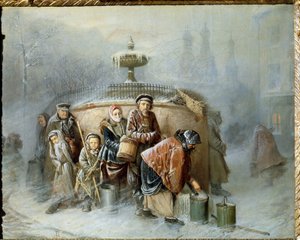 Jono suihkulähteellä. Keskitalvella kaupungin asukkaat odottavat vuoroaan kylmässä tuulessa ja sumussa täyttääkseen ämpärinsä juomavedellä. Vasili (Vasili) Grigorjevitš Perovin (1834-1882) maalaus, öljy tekijältä Vasili Grigorevich Perov