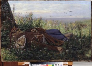Pyhiinvaeltaja pellolla. Vasily (Vasily) Grigorjevitš Perovin (1834-1882) maalaus öljy kankaalle tekijältä Vasili Grigorevich Perov