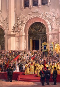 Venäjän tsaari Aleksanteri III:n (1845-1894) ja keisarinna Maria Fedorovnan (Tanskan Dagmar) (1847-1928) kruunausalbumi - Vasili Petrovitšin (Petr.) Kristuksen Vapahtajan katedraalista lähtevä keisarillinen pariskunta