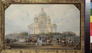 La cercavila davant la catedral de Sant Isaac a Sant Petersburg. Obra de Vasily Semyonovich Sadovnikov (1800-1879), aquarel·la sobre paper finlandès tekijältä Vasili Semenovich Sadovnikov