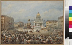 Nikolai I:n muistomerkin avajaiset Mariinski-aukiolla - Vasily Semjonovich Sadovnikov (1800-1879). Akvarelli ja valkoinen väri paperille