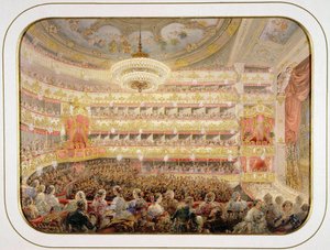 Pietarin keisarillisen Bolshoi Kamenny -teatterin auditorio parissa Sadovnikov, Vasily Semjonovich (1800-1879). Vesiväri, guassi paperille, koko: 35x26