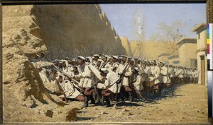 Linnoituksia, päästäkää ne sisään! (joukkojen kokoontuminen ennen taistelua) (Linnakkeen muureilla; Päästäkää sisään!) - Vasili Vasilyevich Vereshchagin (Vereshchagin) maalaus (1842-1904), öljy kankaalle (95x160,5 cm) tekijältä Vasili Vasilievich Vereshchagin