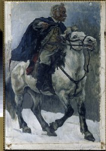 Aleksanteri Suvorov (1729-1800) hevosen selässä. (Aleksandri Suvorov hevosen selässä). Venäläistä sankaria kuvataan, kun hän ylittää Alpit venäläisten joukkojen kärjessä Italian kampanjan aikana (1799-1800). Maalaus Vasilli Ivanovich Surikov (Vasily Surik