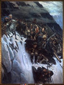 Italian kampanja (1799-1800): Aleksanteri Suvorovin (Suwarow tai Souwarow Rimniski tai Rimnitskoi) (1729-1800) ja venäläisten joukkojen marssi Alppien läpi vuonna 1799 - Suvorovin marssi Alppien läpi vuonna 1799 - Vasili Ivanovitš Surikovin maalaus