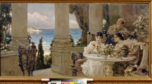 Sur la terrasse - Peinture de Vassili (Vasili, Vasilii, Wilhelm) Alexandrovich Kotarbinsky (Kotarbinski, Kotarbinskii) (1849-1921), huile sur toile - Terassilla, Vasili Aleksandrovich Kotarbinsky öljy kankaalle - Alueellinen taidemuseo, Kirovohrad tekijältä Vasily Alexandrovich Kotarbinsky