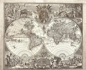 Maailman kaksinkertainen pallonpuoliskon kartta, 1713 tekijältä Vasily Anufrievich Kiprianov