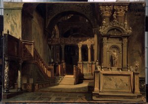 Pyhän Markuksen basilikan (Basilica di San Marco) sisustus Venetsiassa. Vasili Grigorievich Khudyakov (1826-1871) maalaus. Öljy kankaalle, 29,5 x 41 cm tekijältä Vasily Grigorievich Khudyakov