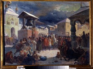 Veche (keskiaikainen slaavilaisten maiden kansankokous) Novgorodin tasavallassa (Veche Novgorodin tasavallassa). Vasili Grigorievich Khudyakov (1826-1871) maalaus. Öljy kankaalle tekijältä Vasily Grigorievich Khudyakov
