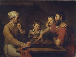 Kokki leikkimässä luonnoksia talonmiehen kanssa, 1824 tekijältä Vasily Ivanovich Gryaznov