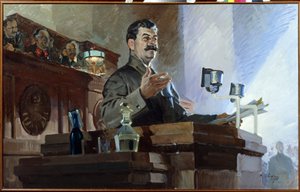 Josif Stalin (Stalin) (Joseph Vissarionovich Djougachvili dit) (1879-1953) määrittelee uudelleen Neuvostoliiton perustuslain (Stalinin perustuslaki) Neuvostoliiton 8. ylimääräisessä kongressissa 5. joulukuuta 1936. Näemme Vjatšeslav Molotovin (1890-1986) d tekijältä Vasily Semyonovich Svarog