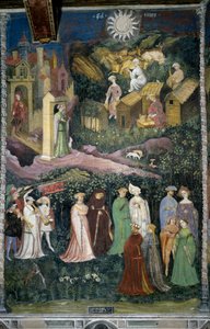 Kesäkuu: naisten ja hevosmiesten tanssi. Alareunassa herkutella lehmien ja juuston valmistus maidolla. Linnasta tulee ulos ruokaa täynnä olevia ihmisiä. Kardinaali Bernardo Cles (1485-1539), Fogolinon uudistaman maalauksen sponsori, on edustettuna