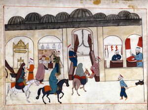 Marssi Konstantinopolista. Miniatyyri ""Turkkilaisista muistomerkeistä"" (codex Cicogna 1971 "Memorie Turchesche") Akvarelli 1600-luvun venetsialaisesta koulukunnasta. tekijältä Venetian School