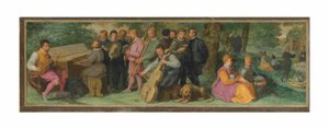Pastoraalikonsertti, jossa tyylikkäät hahmot soittavat sitruunaa, klavikordia, viulua, kornettia, pasuunaa ja selloa (öljy levylle) tekijältä Venetian School