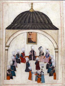 Hallinto Ottomaanien valtakunnan alaisuudessa: suurvisiirin johtama kuuleminen. Miniatyyri ""Turkkilaisista muistomerkeistä"" (codex Cicogna 1971 "Memorie Turchesche") Akvarelli 1600-luvun venetsialaisesta koulukunnasta. tekijältä Venetian School