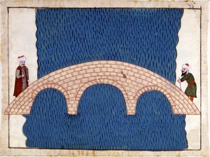 Konstantinopoli. Galatan silta. Miniatyyri ""Turkkilaisista muistomerkeistä"" (codex Cicogna 1971 "Memorie Turchesche") Akvarelli 1600-luvun venetsialaisesta koulukunnasta. tekijältä Venetian School