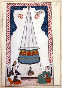 Sisäkuva asunnosta Turkissa ottomaanien valtakunnan alla. Miniatyyri ""Turkkilaisista muistomerkeistä"" (codex Cicogna 1971 "Memorie Turchesche") Akvarelli 1600-luvun venetsialaisesta koulukunnasta. tekijältä Venetian School