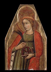 Pyhä Katariina Aleksandrialainen (Pyhä Katariina). Venetsialaisen mestarin maalaus. Tempera puulla, 26 x 16,5 cm, 1300-luvun toinen puoli. Venetsialaista taidetta, italialaista goottilaista taidetta. Yksityinen kokoelma. tekijältä Venetian School