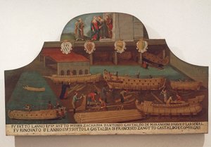 Venetsian arsenaalissa sijaitsevan laivapuusepänkillan kyltti tekijältä Venetian School