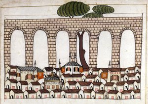 Näkymä Konstantinopoliin ja sen akveduktiin. Miniatyyri ""Turkkilaisista muistomerkeistä"" (codex Cicogna 1971 "Memorie Turchesche") Akvarelli 1600-luvun venetsialaisesta koulukunnasta. tekijältä Venetian School
