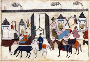 Näkymä asuntovaunun sisätiloista Turkissa ottomaanien valtakunnan alla. Miniatyyri ""Turkkilaisista muistomerkeistä"" (codex Cicogna 1971 "Memorie Turchesche") Akvarelli 1600-luvun venetsialaisesta koulukunnasta. tekijältä Venetian School