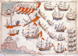 Venetsian ja Ottomaanien valtakunnan välinen sota: Dardanellien taistelu, jossa venetsialainen kapteeni Lorenzo Marcello voitti vuonna 1655 (akvarelli)