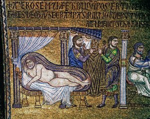 Bysanttilainen arkkitehtuuri: "Noen juopuminen"" -mosaiikki venetsialaisten taiteilijoiden tekemä 1200-luvun Basilica di San Marco