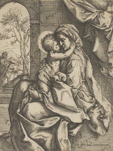 Neitsyt istuu Kristuslapsi sylissään syleilemässä häntä, Joosef näki..., n. 1600-1613.