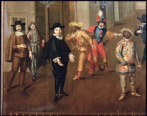 Italialaiset ja ranskalaiset koomikot leikkivät farsseissa, 1670 (yksityiskohta) (katso myös 155316) tekijältä Verio