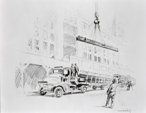 Teräspalkki nostetaan kuorma-autosta, jota käytetään Empire State Buildingin rakentamisessa, julkaisija William Edwin Rudge. tekijältä Vernon Howe Bailey