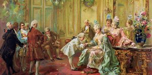 Wolfang Amadeus Mozart (1756-1791) Madame (Marquise) de Pompadourissa (Mozartin perhe, Euroopan-kiertueen aikana) (1763-1766) - Akateeminen taide: Paredes esitteli nuoren Mozartin Madame de Pompadourille Versailles