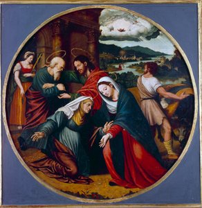 Vierailu. Neitsyt Marian ja Pyhän Elisabetin tapaaminen. Syvällä sisimmässä, Pyhä Joosef ja Sakarja. Juan Vincente Macipin (1490-1550) maalaus Ec. Esp. tekijältä Vicente Juan (c.1510 79) Macip