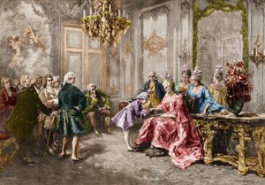 Wolfgang Amadeus Mozart (1756-1791) Madame (Marquise) de Pompadourissa (Mozartin perhe Euroopan kiertueen aikana) (1763-1766). Kaiverrus M. V. de Paredesin maalauksen jälkeen. tekijältä Vicente de (after) Paredes
