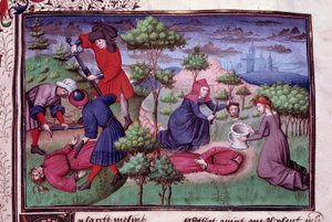Kahden miehen murhapaikka, joilta murhaajat katkaisivat päänsä. Italialaisen kirjailijan Giovanni Boccaccio dit Jean Boccacen (1313-1375) "Decameron" -käsikirjoituksen ranskankielinen sivu Manselin mestarin valaisemana. 1450. Pariisi, Arsenaalin kirjasto tekijältä Vicente de Paredes