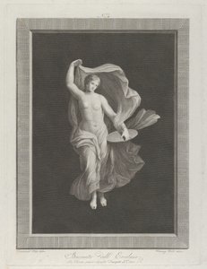 Osittain alaston bacchante pitelee levyä vasemmassa kädessään ja kohottaa vaatteitaan ..., n. 1795-1820 tekijältä Vicenzo Feoli