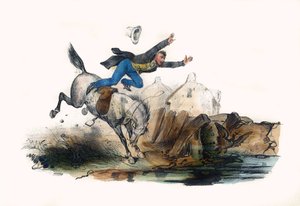 Ratsastaja kaatuu hevosensa ryntäyksen jälkeen. Albumissa Grotesque, Choices of Outstanding Types, kuvituksia Victor Adam, Pariisi, noin 1850. tekijältä Victor Adam
